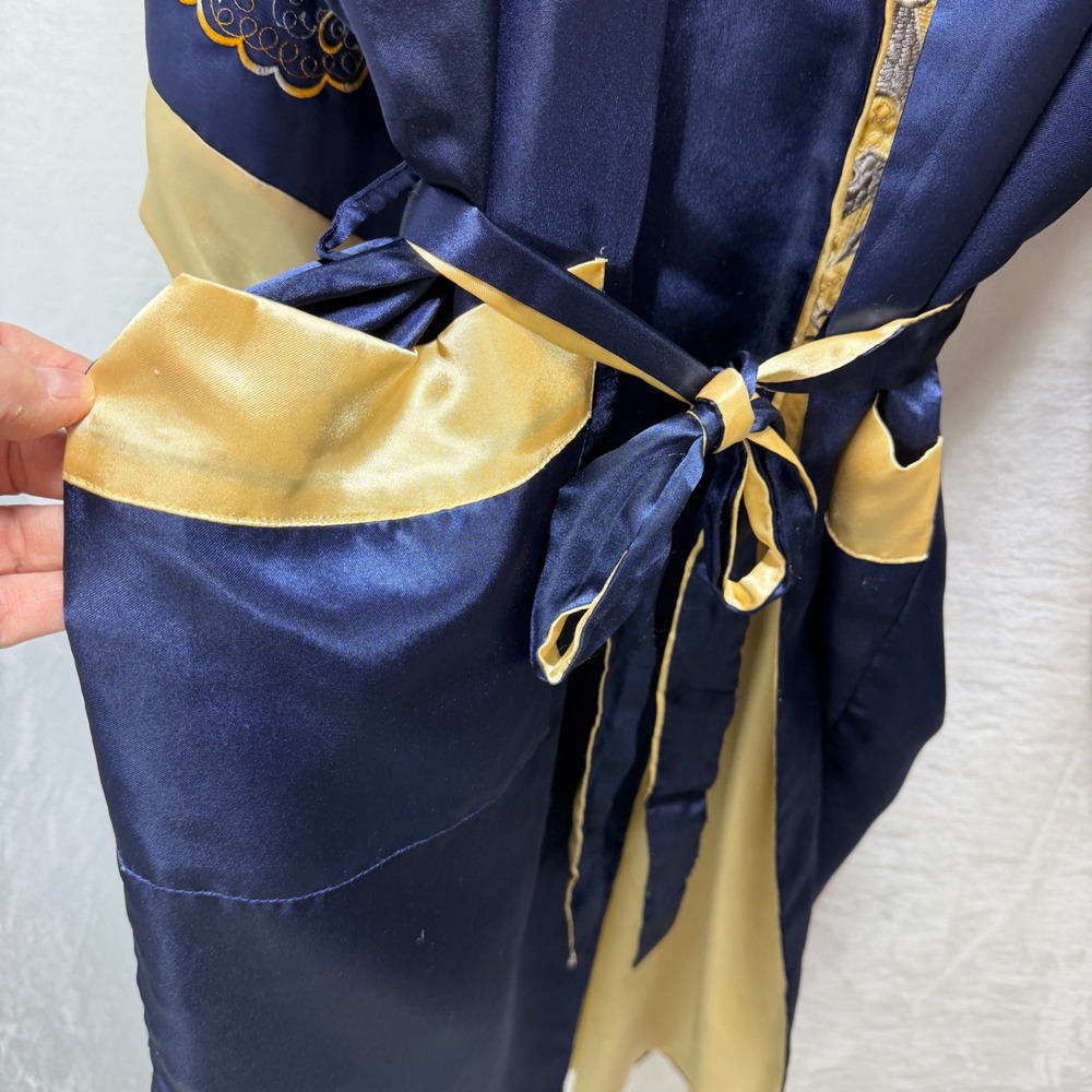 Navy Blue Gold Dragon Embroidered Satin Kimono Robe Asian Motif Reversible - Picture 3 of 15
